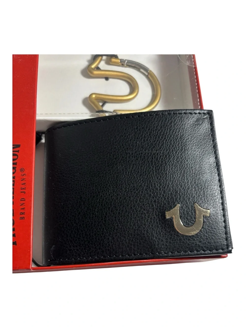 True Religion Bifold Wallet with Carabiner Gift Set Black Wallet Gold Carabiner